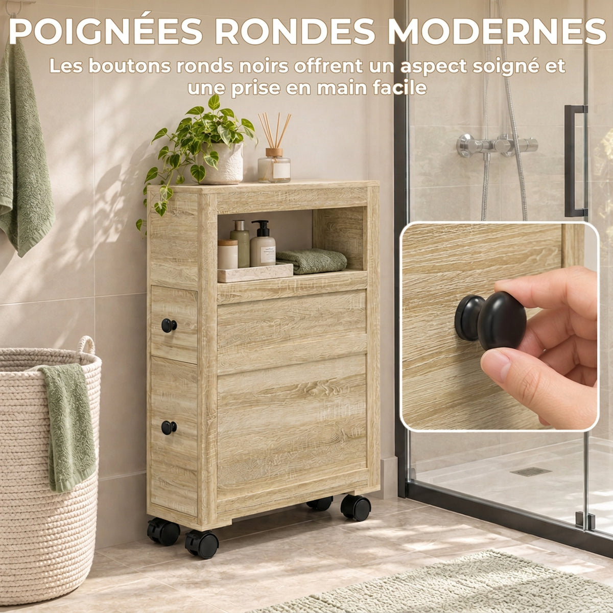 Meuble de rangement de salle de bain sur roulette armoire WC toilettes étagère ouverte 2 tiroirs 16 x 52 x 71,5 cm chêne-5