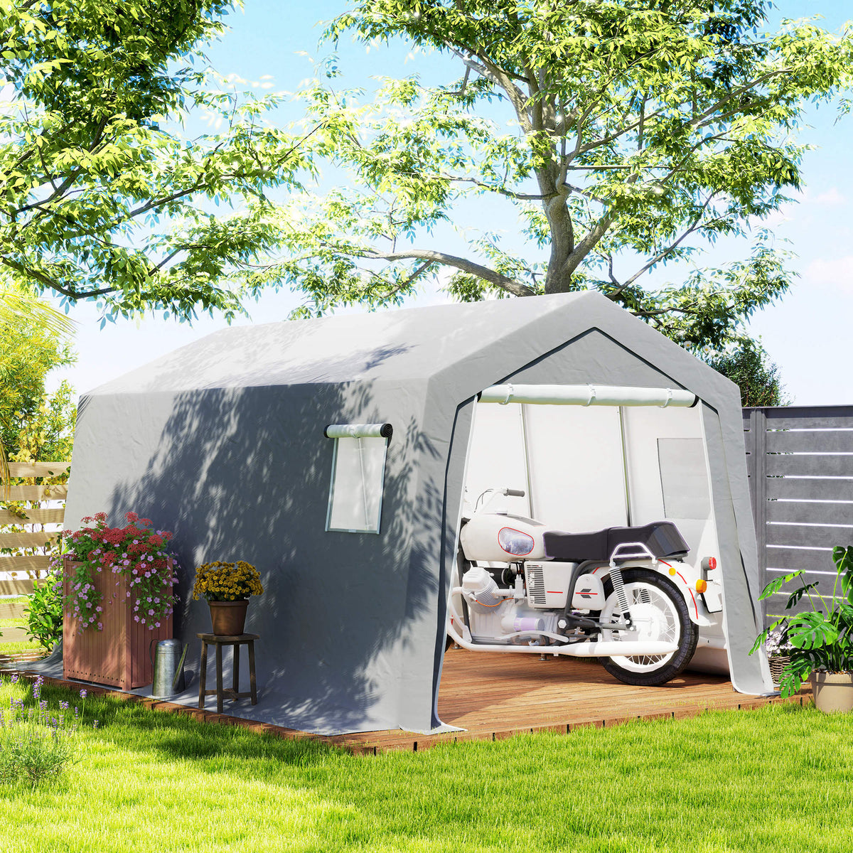 Abri de Rangement Extérieur 3 x 4,5 m, tente de stockage étanche et anti-UV, porte enroulable, fenêtres, gris-9