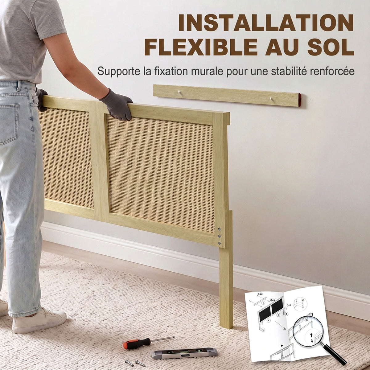 Tête de Lit en Bois à Effet Rotin, Design Bohème, pour Chambre à Coucher, 140 x 4 x 87 cm, Chêne-5