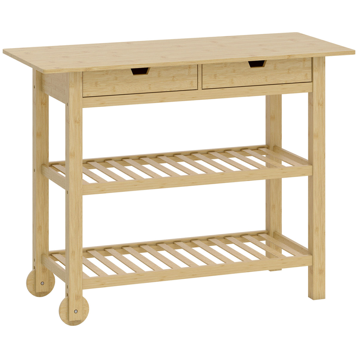 Desserte de cuisine à roulettes en bambou, chariot de cuisine avec 2 tiroirs, 2 étagères, 100 x 43 x 75 cm, bois naturel-0
