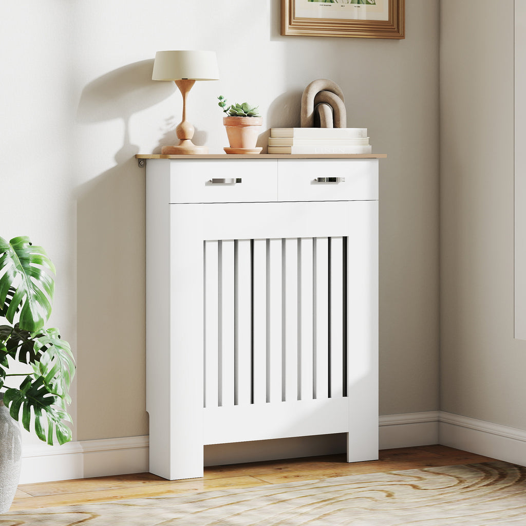 Cache-radiateur avec tiroir de rangement, meuble cache-radiateur en bois à lattes verticales, 78 x 19 x 97 cm, blanc-1