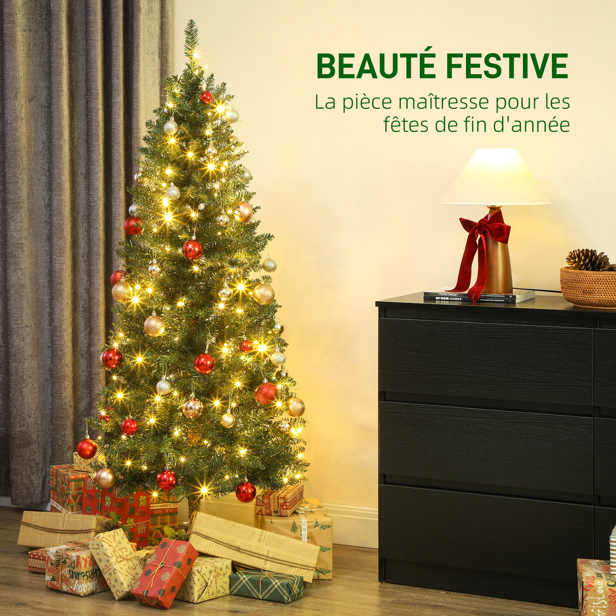 Sapin de Noël artificiel 150 cm, arbre de Noël fin avec 170 lumières, 635 pointes, support en métal pliable, vert-3