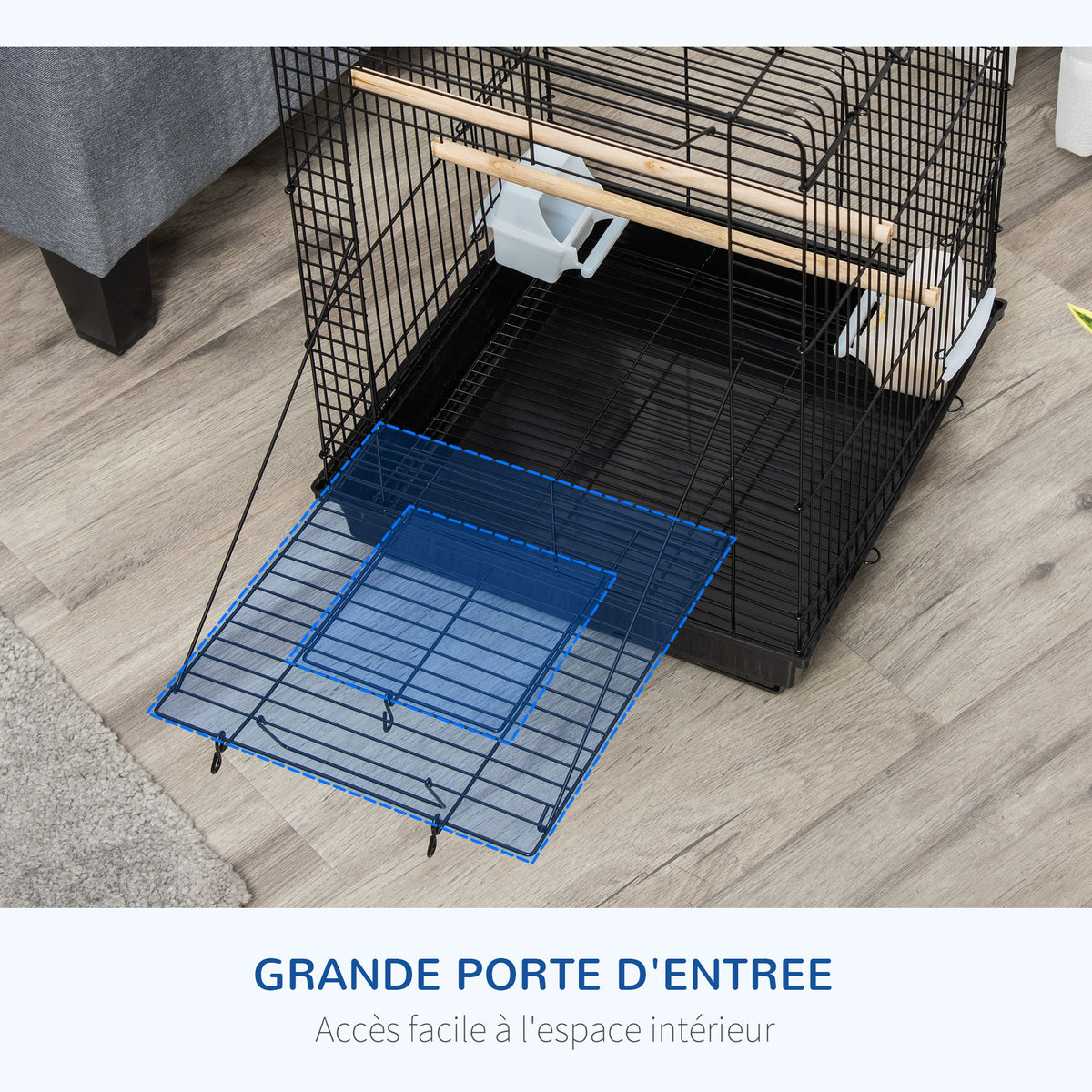 Cage à oiseaux en métal avec mangeoires perchoirs plateau amovible poignée dim. 40L x 40l x 59H cm noir-5