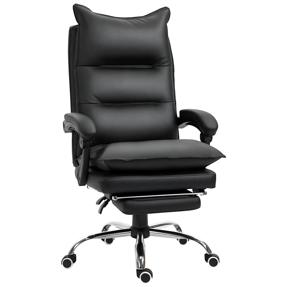Fauteuil de bureau, chaise bureau ergonomique en similicuir avec large assise rembourrée, dossier inclinable, hauteur réglable, accoudoirs et repose-pied intégrés, charge 135 Kg, noir-0