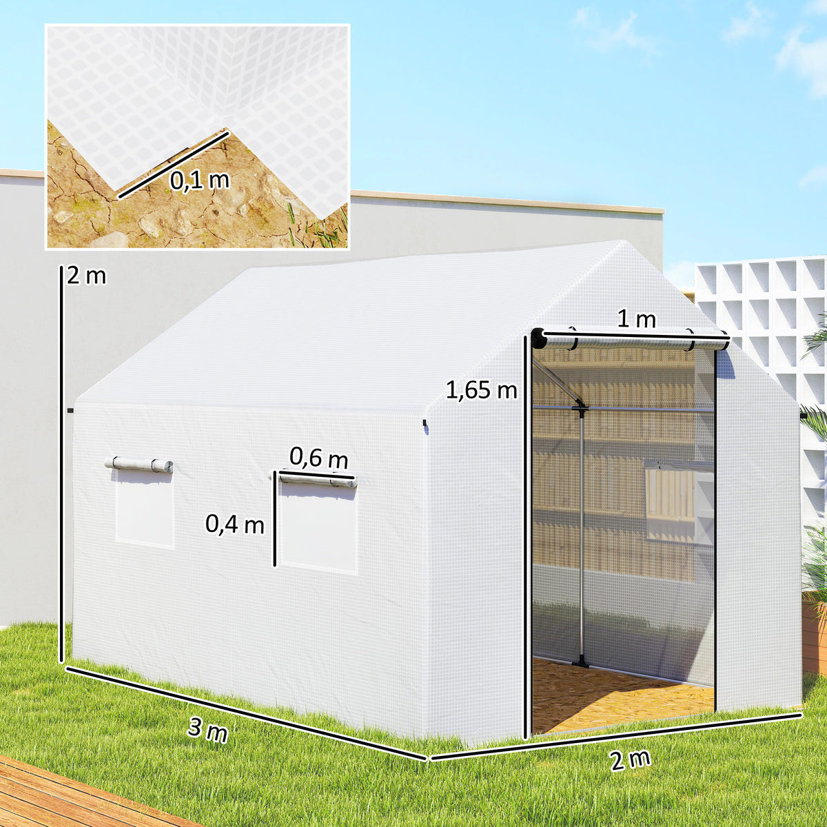 Serre de jardin tunnel 2 x 3m, 6m² avec porte enroulable, 4 fenêtres, - Acier galvanisé PE Haute densité Blanc-2