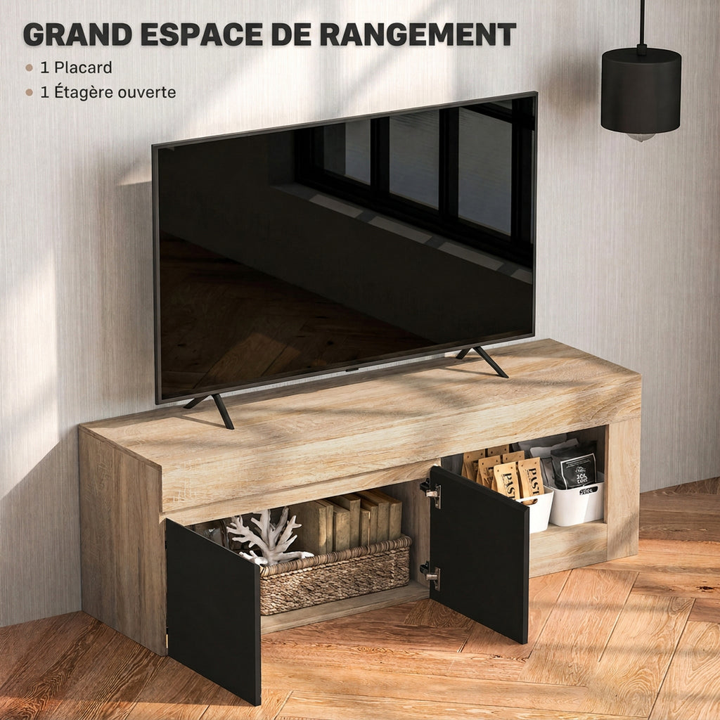 Meuble TV 2 portes pour téléviseurs jusqu'à 60 pouces, meuble télé avec placard et étagère ouverte, noir-4