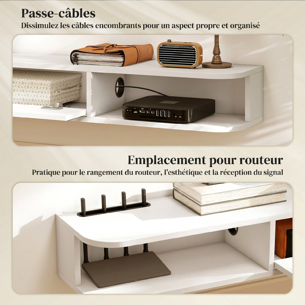 Meuble TV Suspendu, Meuble Télé pour Téléviseur jusqu'à 75 Pouces, Tiroir Rabattable, 2 Étagères, 180x24x16cm, Blanc-5
