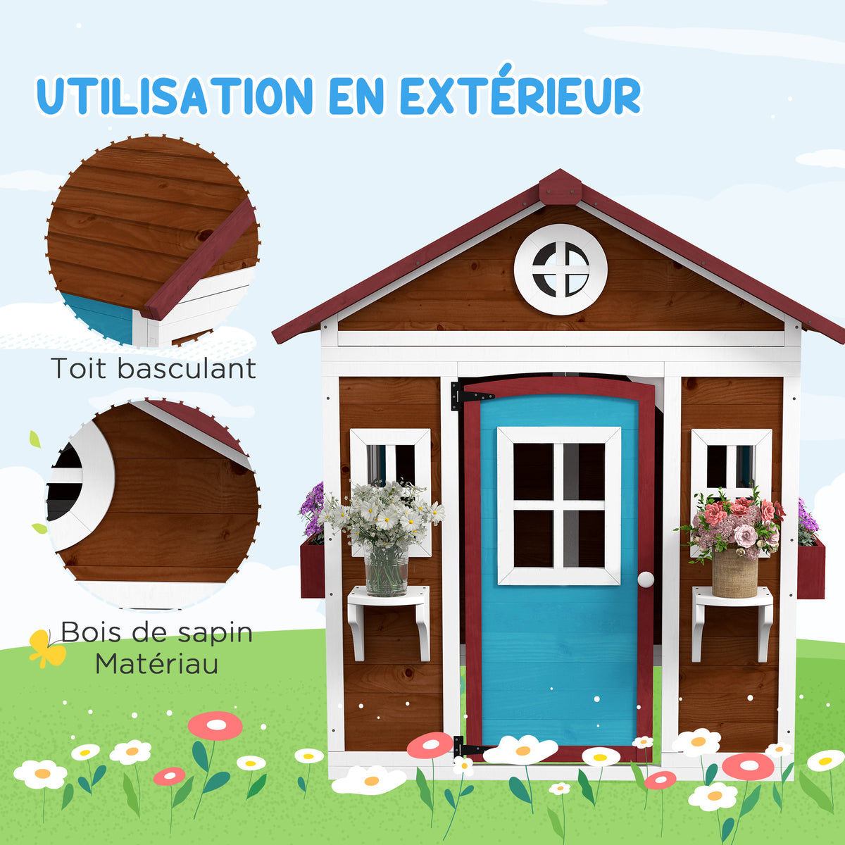 Cabane enfant extérieur maison enfant extérieure avec porte fenêtres et jardinières 114 x 126,4 x 135 cm Marron-4