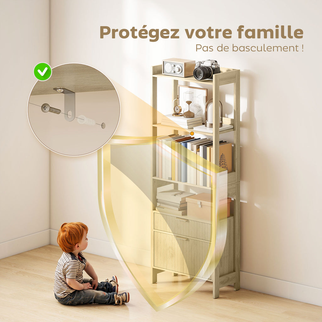 Bibliothèque haute, meuble de rangement avec 4 étagères ouvertes et 2 tiroirs cannelés, 60 x 30 x 160 cm, bois naturel-6