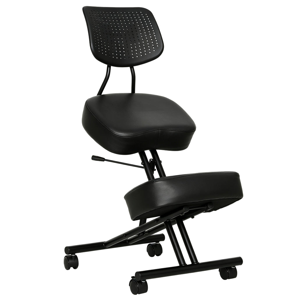 Chaise à Genoux Ergonomique avec Dossier, Siège Assis Genoux Réglable en PU sur Roulettes, Noir-0