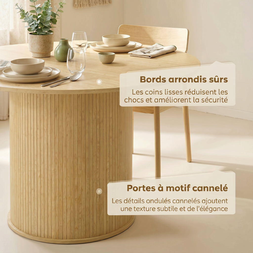 Table à manger ronde pour 4-6 personnes, Ø 120 x 75 cm, table de cuisine avec base cylindrique cannelée, bois naturel-5