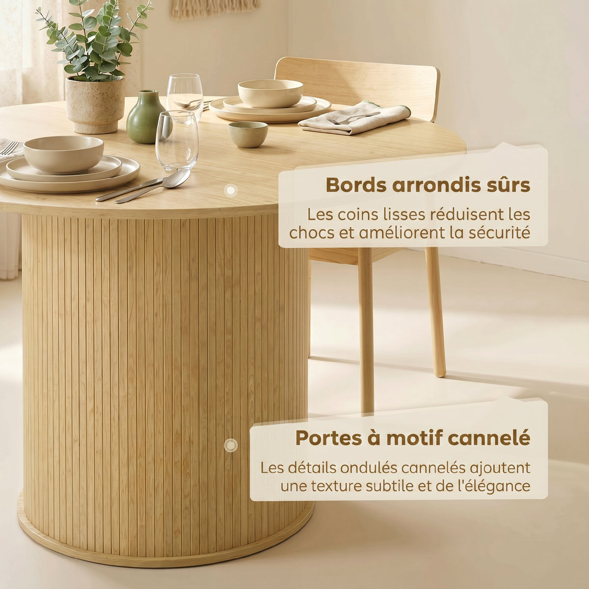 Table à manger ronde pour 4-6 personnes, Ø 120 x 75 cm, table de cuisine avec base cylindrique cannelée, bois naturel-5