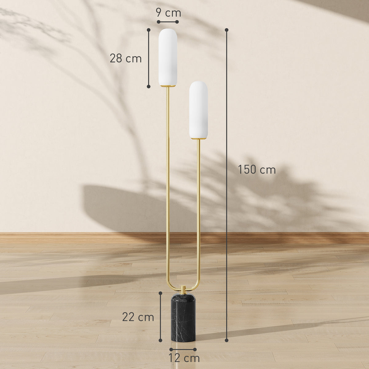 Lampadaire sur pied de salon lampe sur pied avec 2 abat-jours en verre, base en marbre et interrupteur à pied, blanc-2