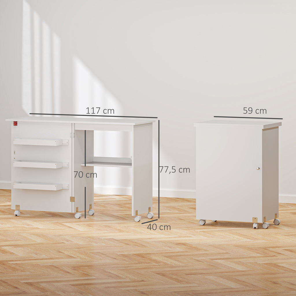 Table de couture pliante meuble couture à abattant avec bacs de rangement, étagère ouverte et roulettes, blanc-2