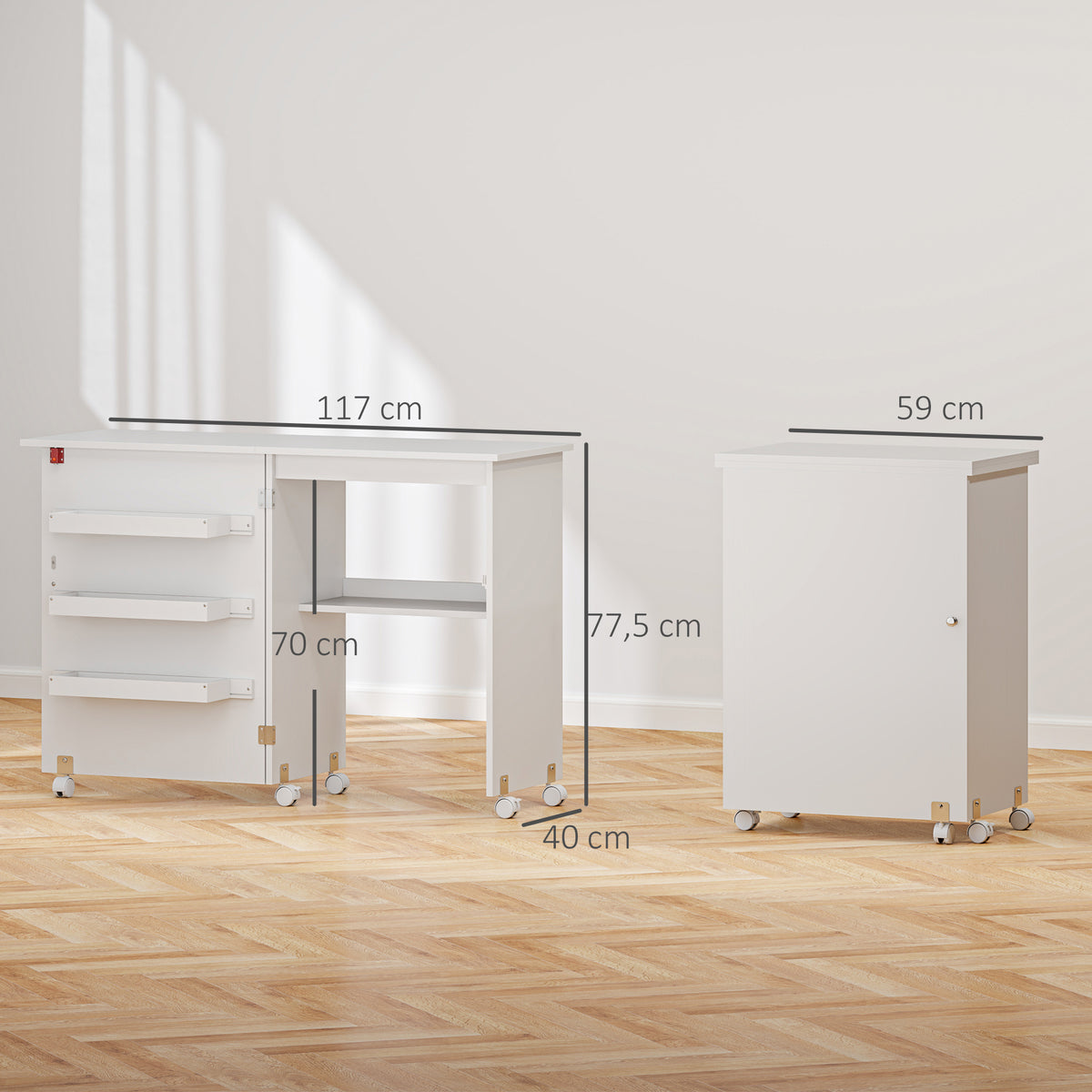 Table de couture pliante meuble couture à abattant avec bacs de rangement, étagère ouverte et roulettes, blanc-2
