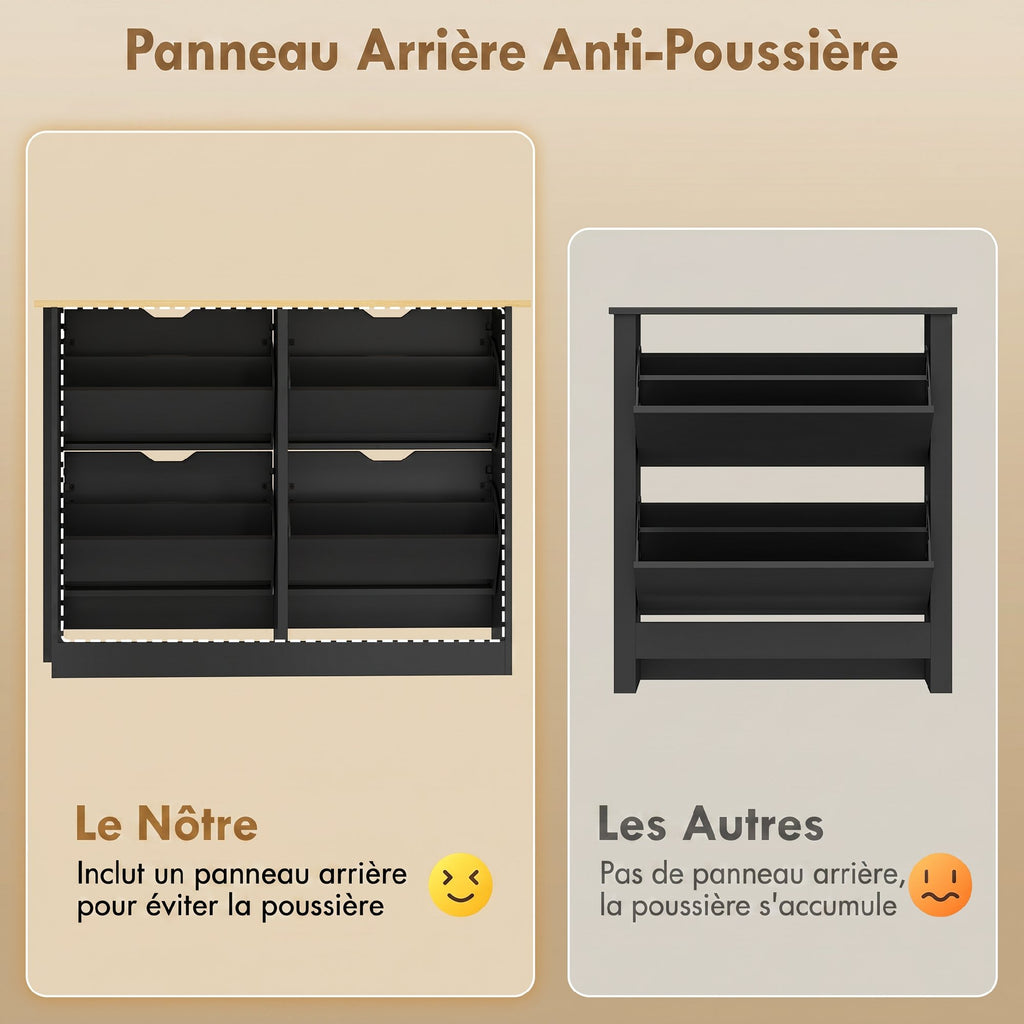 Meuble à chaussures 16 paires, armoire à chaussures avec 4 tiroirs rabattables étagères réglables, noir et bois naturel-6