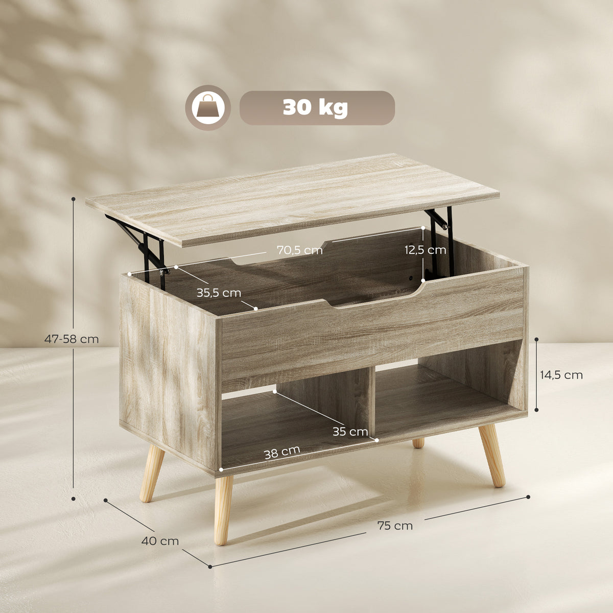 Table basse relevable, table de salon avec compartiment caché et étagères ouvertes, 75 x 40 x 58 cm, bois naturel-2