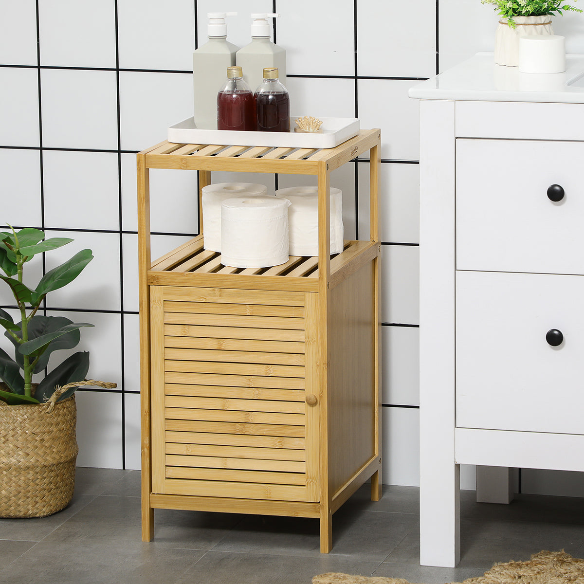 Meuble de rangement pour salle de bain en bambou 2 étagères et 1 placard avec porte 33 x 36,5 x 67 cm naturel-1