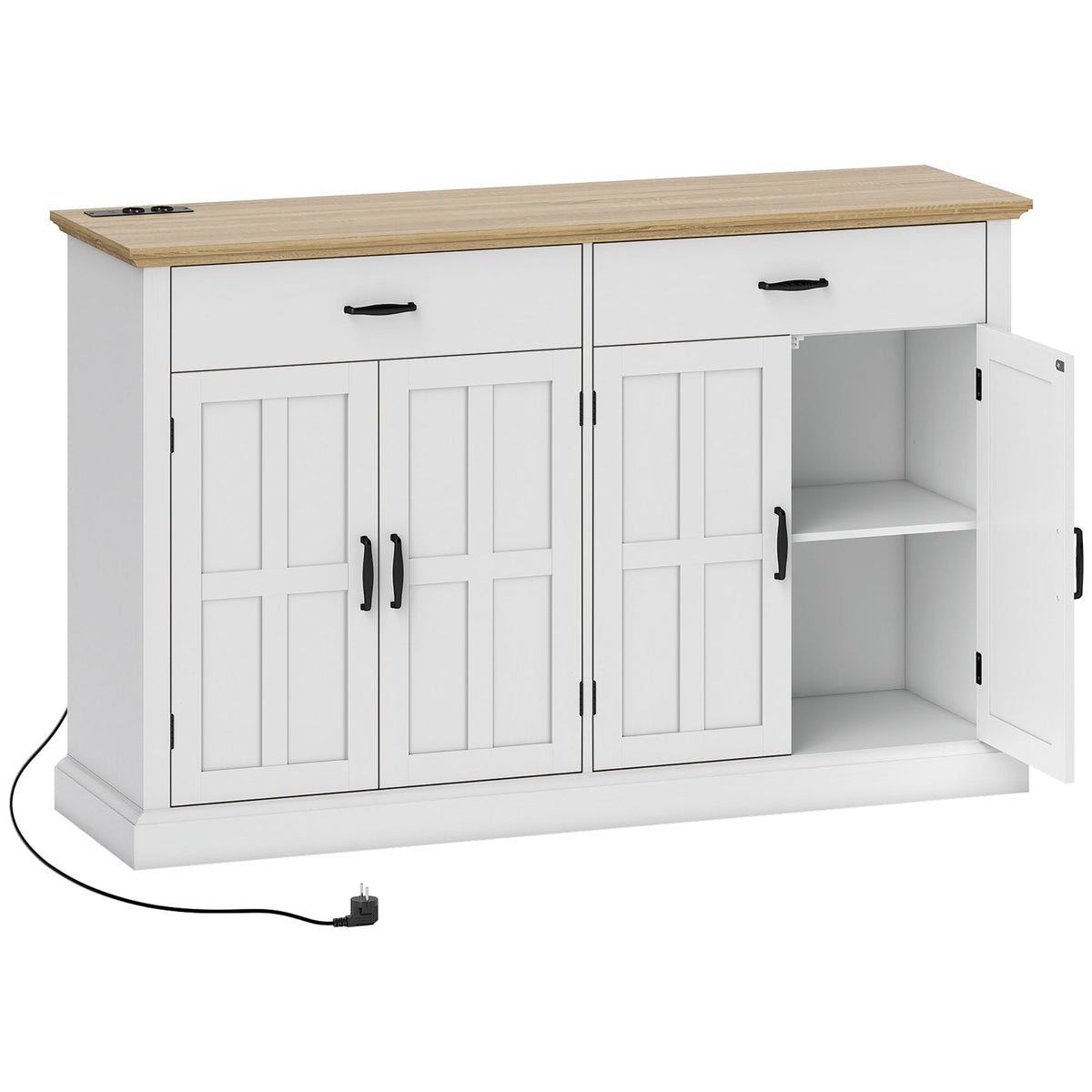 Buffet avec port USB et multiprise meuble TV avec 2 placards à portes de grange, 2 tiroirs et étagères réglables, blanc-0