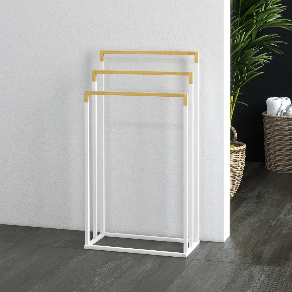 Porte-serviettes en bambou et acier sur pieds avec 3 barres support pour serviette 45 x 22,5 x 86 cm blanc et naturel-6