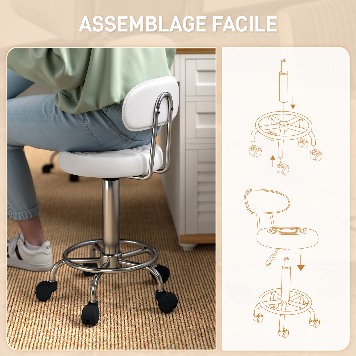 Tabouret à roulettes, tabouret de massage avec hauteur réglable 70-86 cm et dossier, pivotant 360°, blanc-6