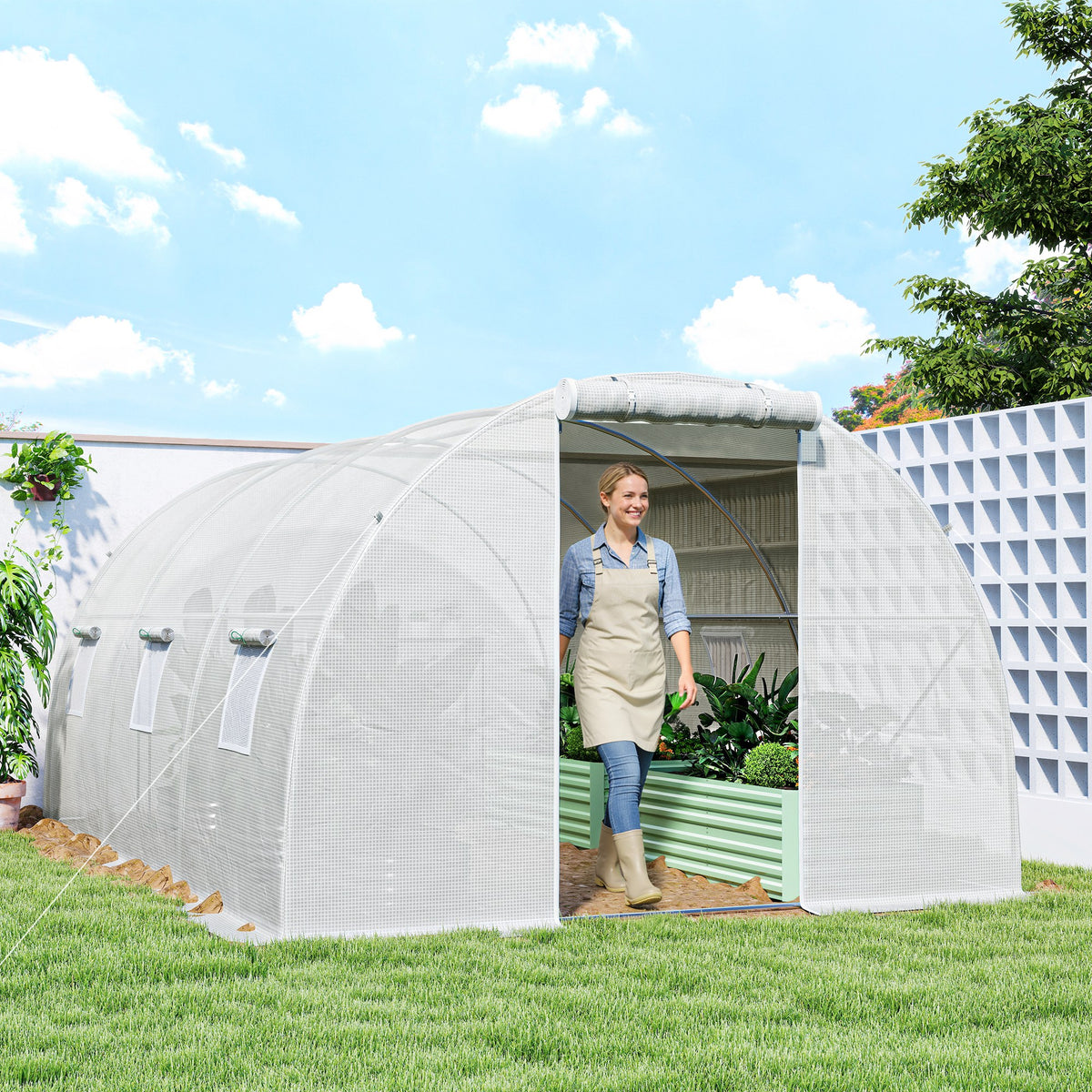 Serre de jardin tunnel 13,5 m² 6 fenêtres, porte zippée enroulable châssis acier galvanisé, bâche PE 4,5 x 3 x 2 m blanc-7