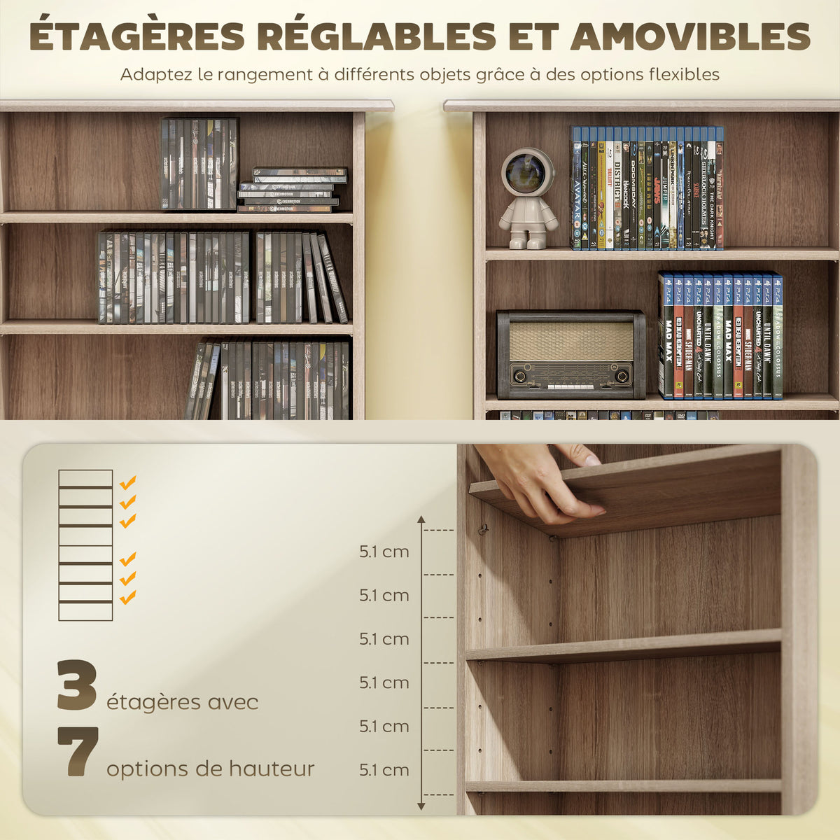 Rangements pour CD et DVD avec 8 compartiments et 6 étagères réglables, capacité max. 360 CD/185 DVD et Blu-ray, naturel-4