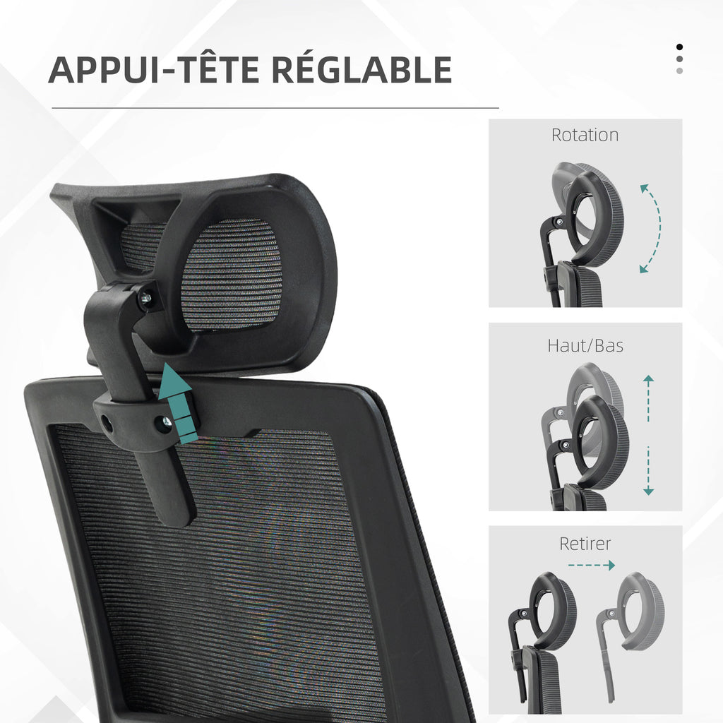 Fauteuil de bureau réglable tissu maille polyester dossier ergonomique inclinable pivotant Noir-6