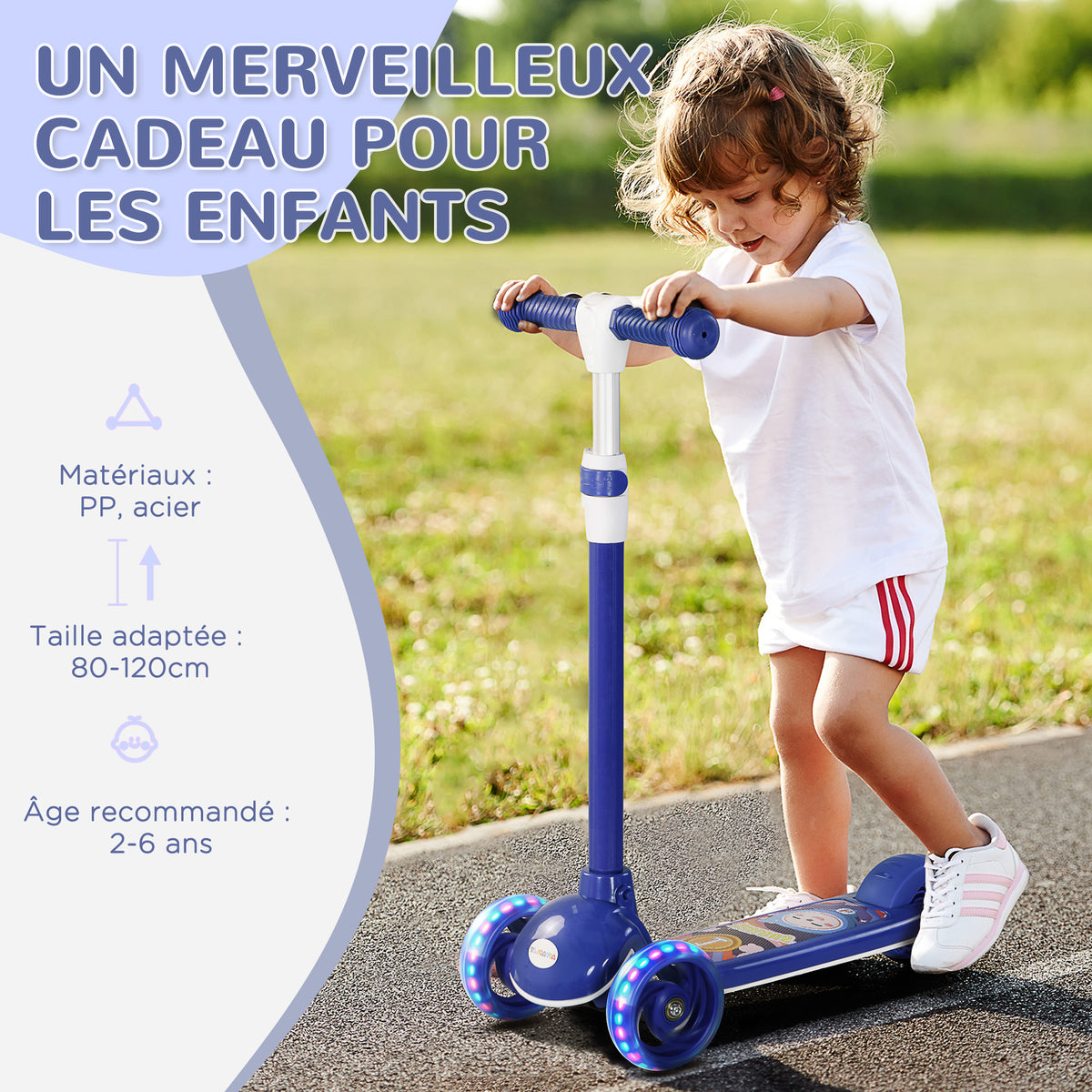 Trottinette enfant 3 Roues Lumineuses LED Hauteur Guidon réglable frein à Friction arrière de 2 à 6 ans Bleu-6
