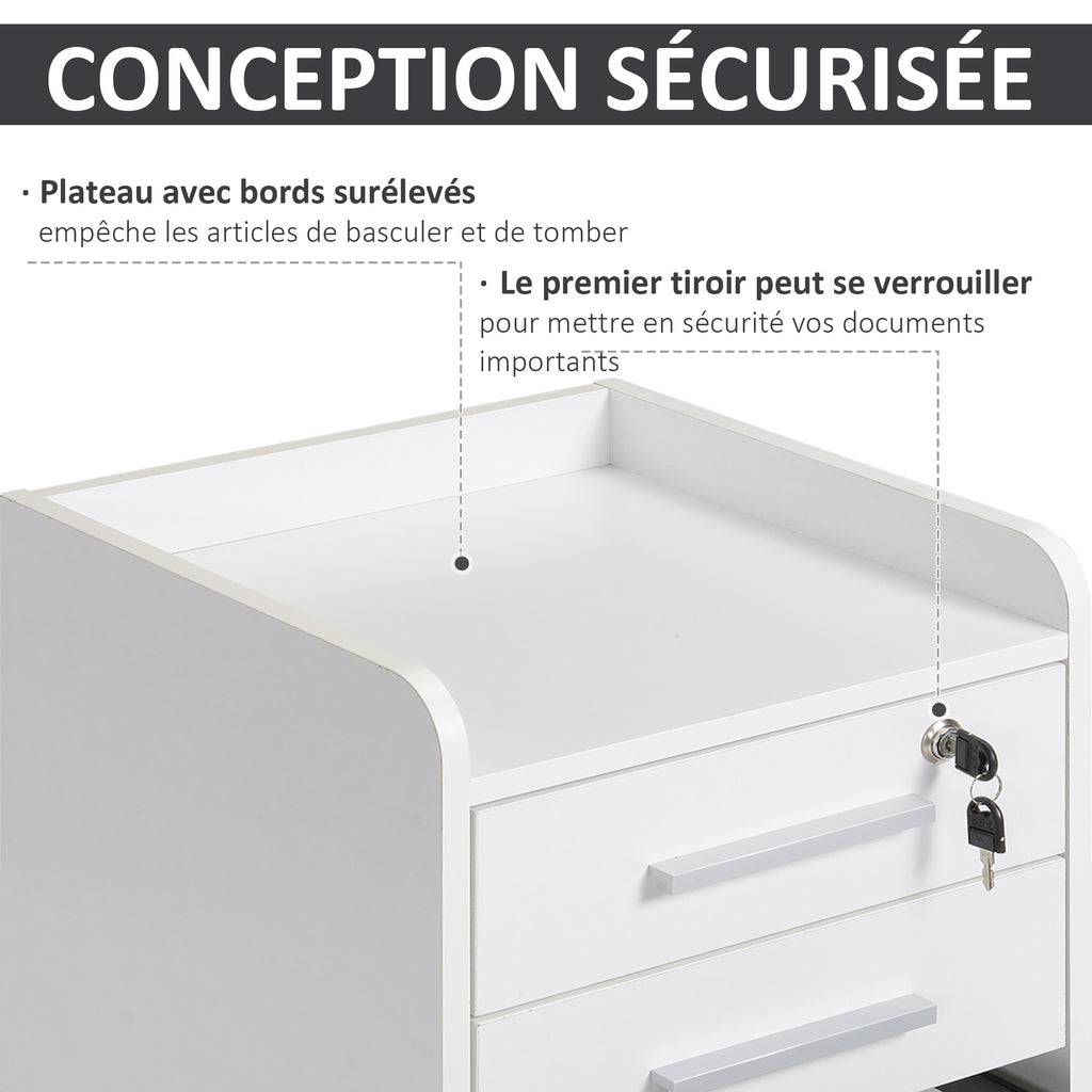 Caisson de bureau rangement bureau sur roulettes 3 tiroirs 1 verrouillable 1 trieur dossiers en bois blanc-4