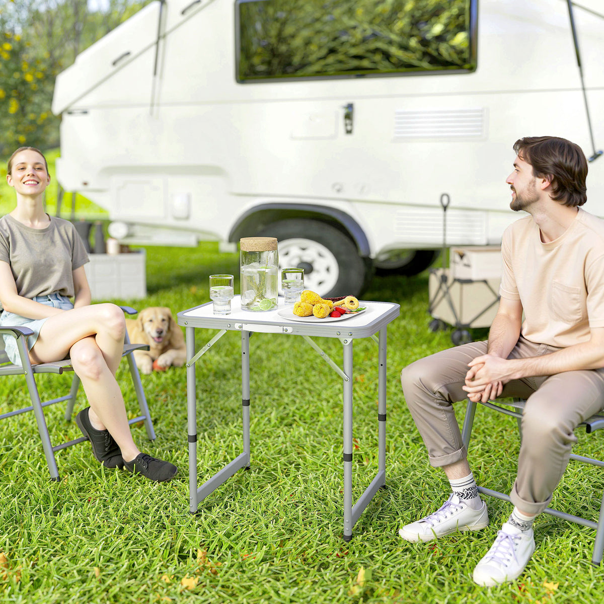 Table Pliante Table de Camping Table de Jardin Hauteur réglable Aluminium MDF Blanc-1