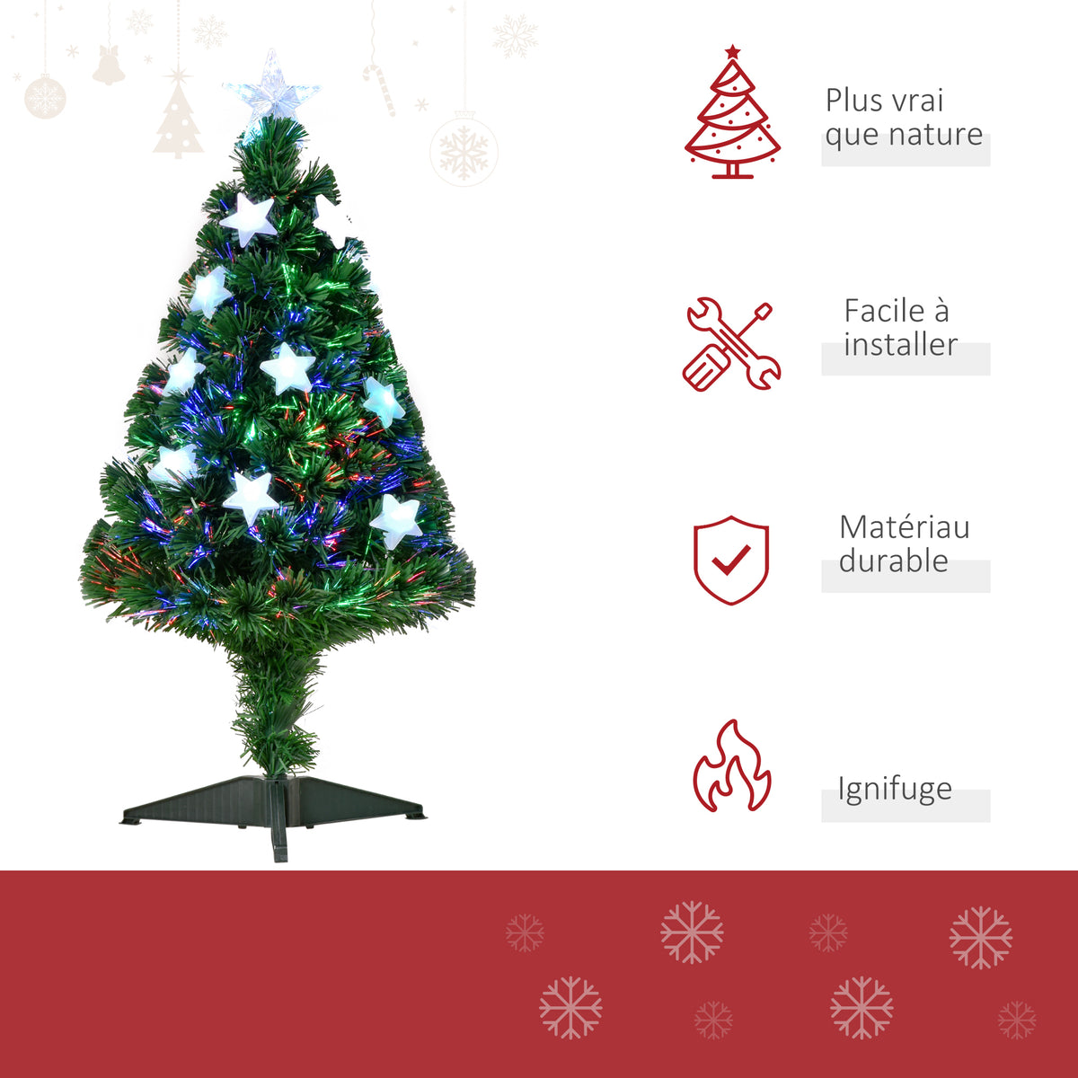 Sapin Noël Artificiel Lumineux 90H cm Fibre Optique LED Multicolore + Support Pied 90 Sommet Brillante Vert-3